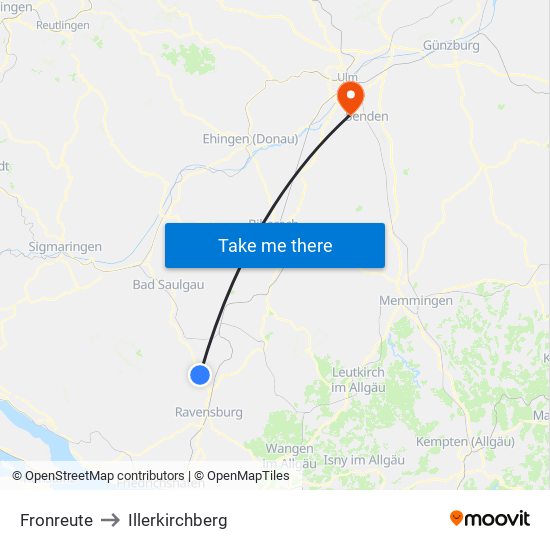 Fronreute to Illerkirchberg map