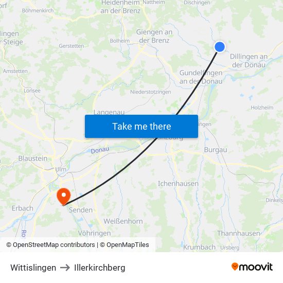 Wittislingen to Illerkirchberg map