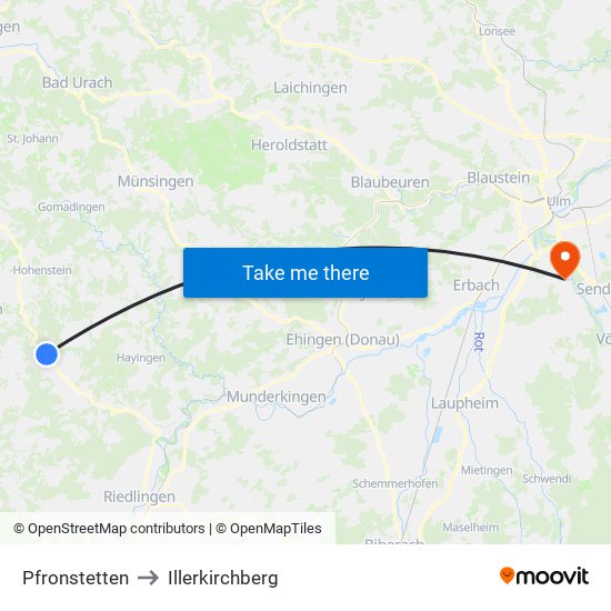 Pfronstetten to Illerkirchberg map