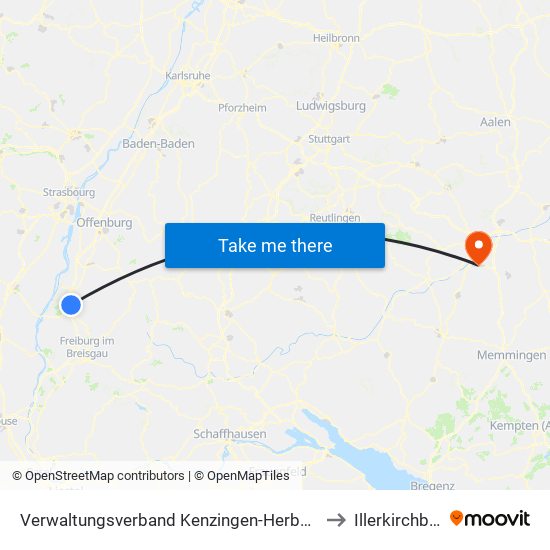 Verwaltungsverband Kenzingen-Herbolzheim to Illerkirchberg map