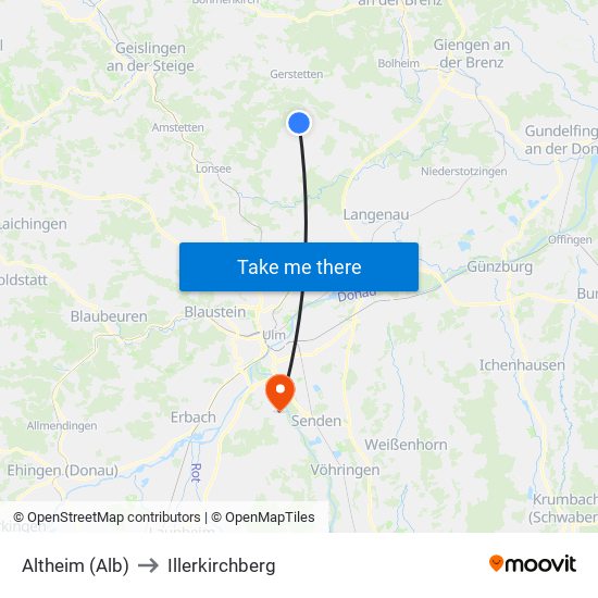 Altheim (Alb) to Illerkirchberg map