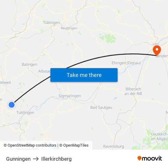 Gunningen to Illerkirchberg map