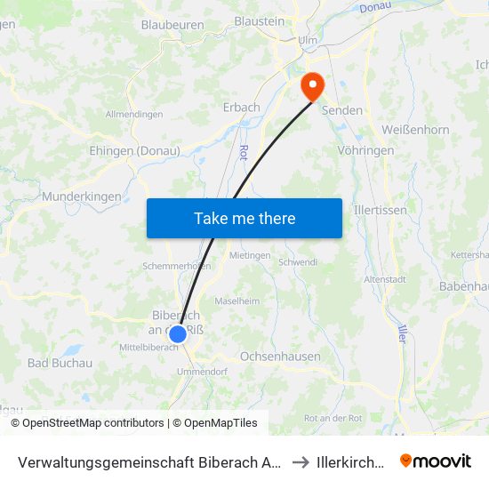 Verwaltungsgemeinschaft Biberach An Der Riß to Illerkirchberg map