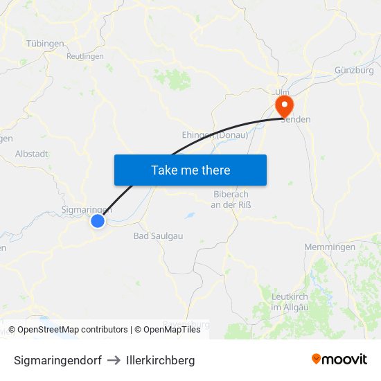 Sigmaringendorf to Illerkirchberg map
