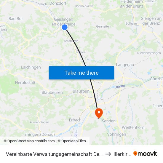 Vereinbarte Verwaltungsgemeinschaft Der Stadt Geislingen An Der Steige to Illerkirchberg map