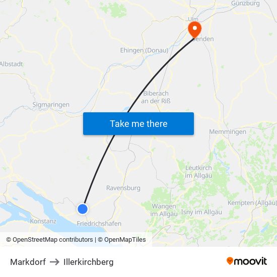 Markdorf to Illerkirchberg map