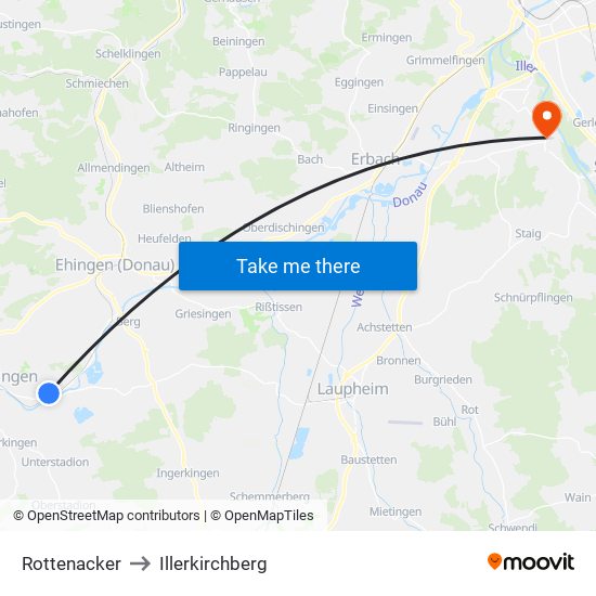 Rottenacker to Illerkirchberg map