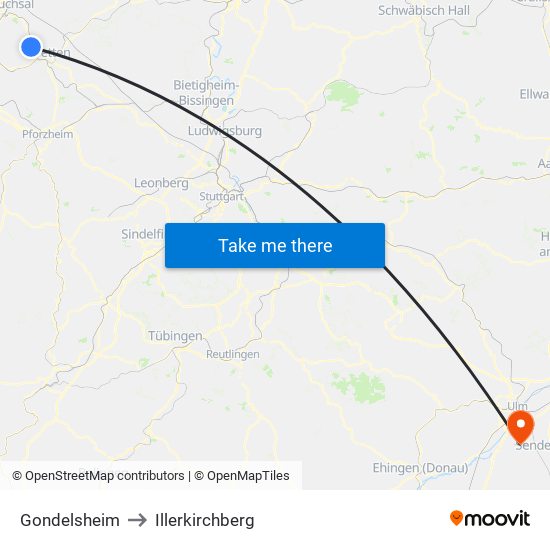 Gondelsheim to Illerkirchberg map