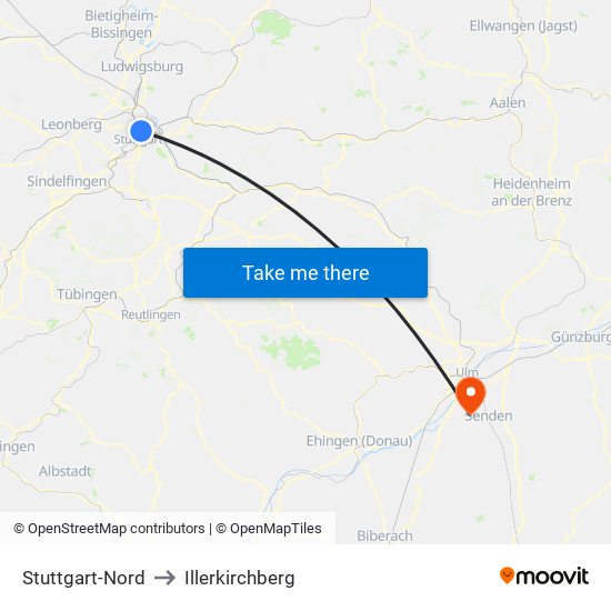 Stuttgart-Nord to Illerkirchberg map