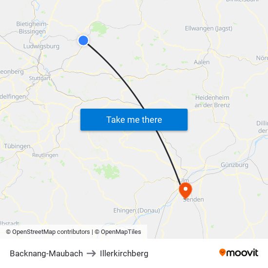 Backnang-Maubach to Illerkirchberg map