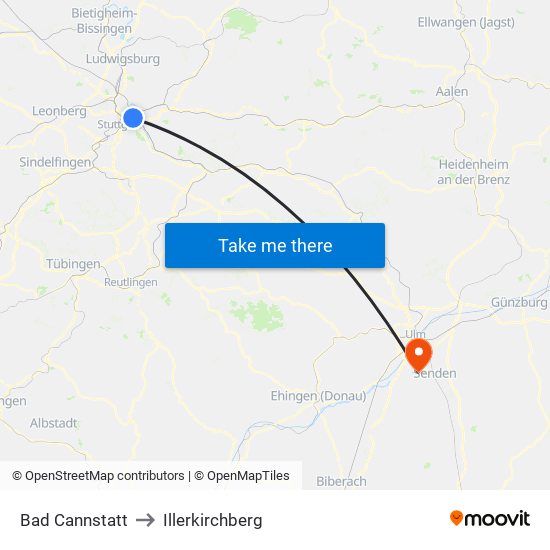 Bad Cannstatt to Illerkirchberg map
