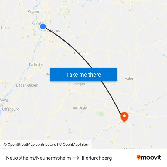 Neuostheim/Neuhermsheim to Illerkirchberg map
