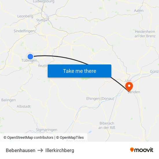 Bebenhausen to Illerkirchberg map