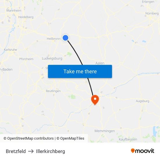Bretzfeld to Illerkirchberg map