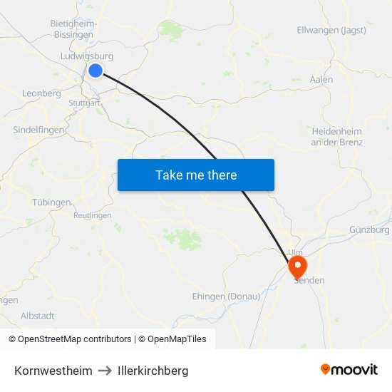 Kornwestheim to Illerkirchberg map