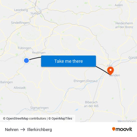 Nehren to Illerkirchberg map