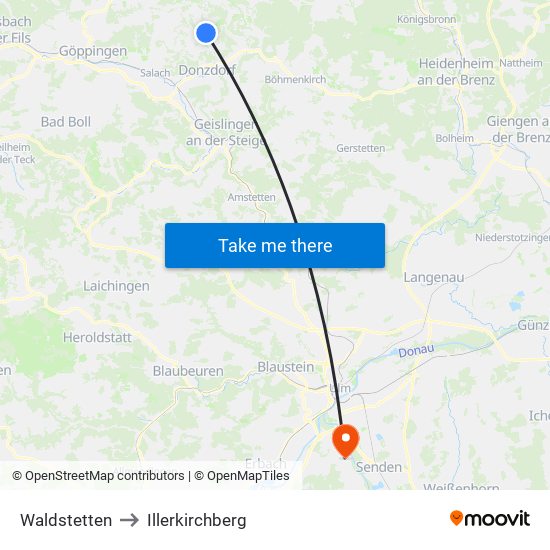 Waldstetten to Illerkirchberg map