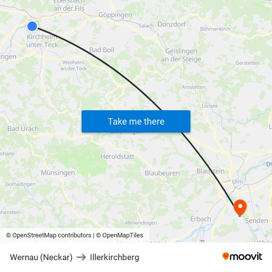 Wernau (Neckar) to Illerkirchberg map