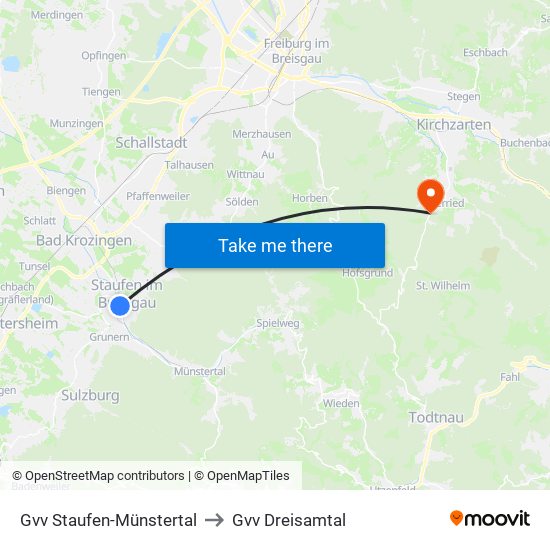 Gvv Staufen-Münstertal to Gvv Dreisamtal map