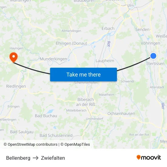 Bellenberg to Zwiefalten map