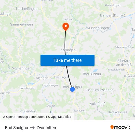 Bad Saulgau to Zwiefalten map