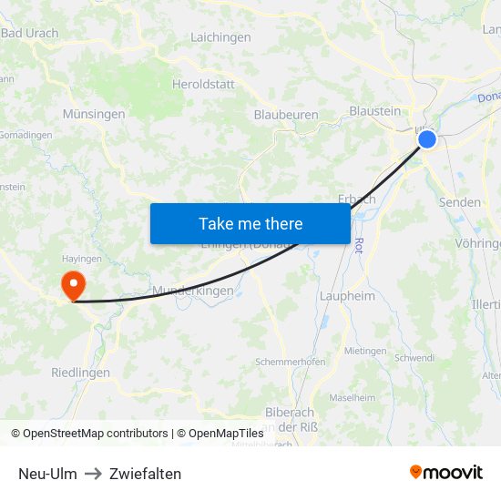 Neu-Ulm to Zwiefalten map