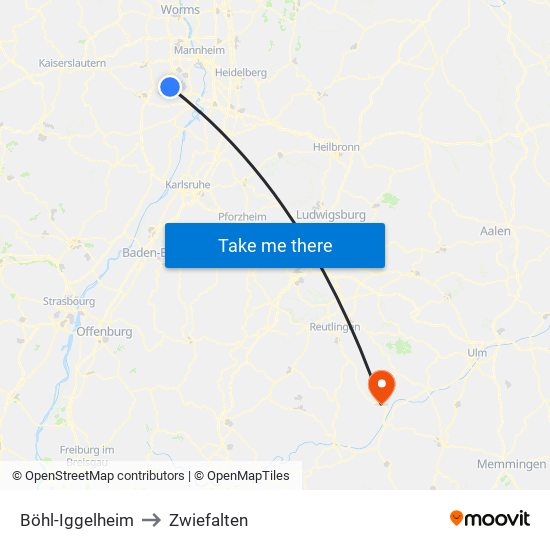 Böhl-Iggelheim to Zwiefalten map