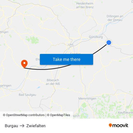 Burgau to Zwiefalten map