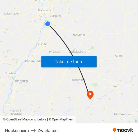 Hockenheim to Zwiefalten map