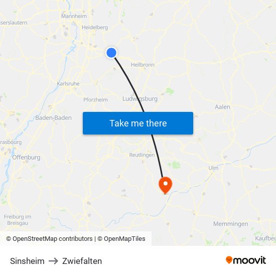 Sinsheim to Zwiefalten map