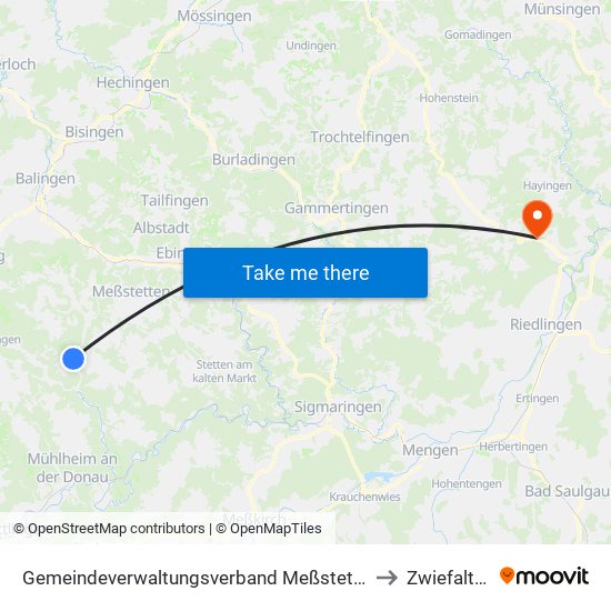 Gemeindeverwaltungsverband Meßstetten to Zwiefalten map