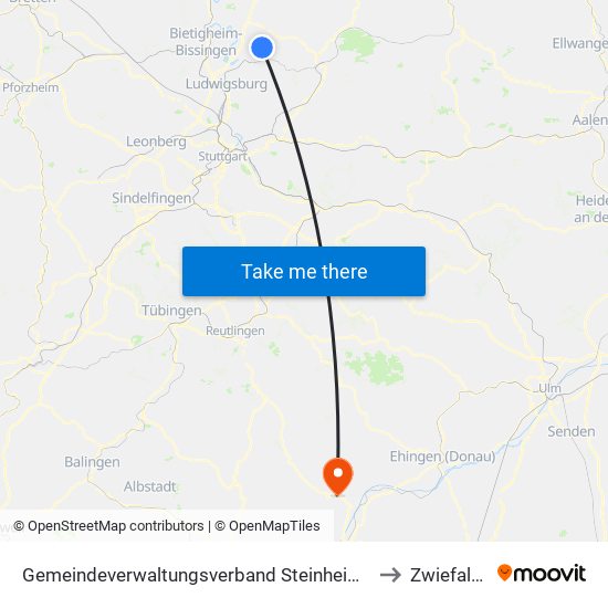 Gemeindeverwaltungsverband Steinheim-Murr to Zwiefalten map