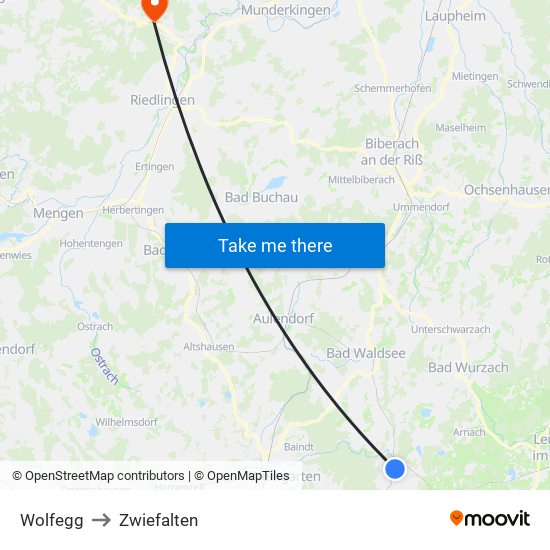 Wolfegg to Zwiefalten map