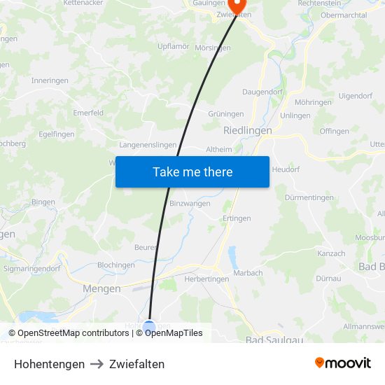 Hohentengen to Zwiefalten map