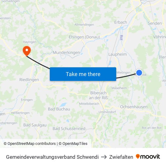 Gemeindeverwaltungsverband Schwendi to Zwiefalten map