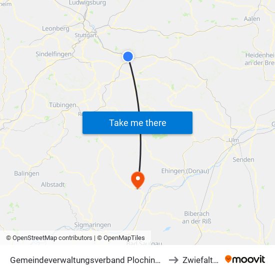 Gemeindeverwaltungsverband Plochingen to Zwiefalten map