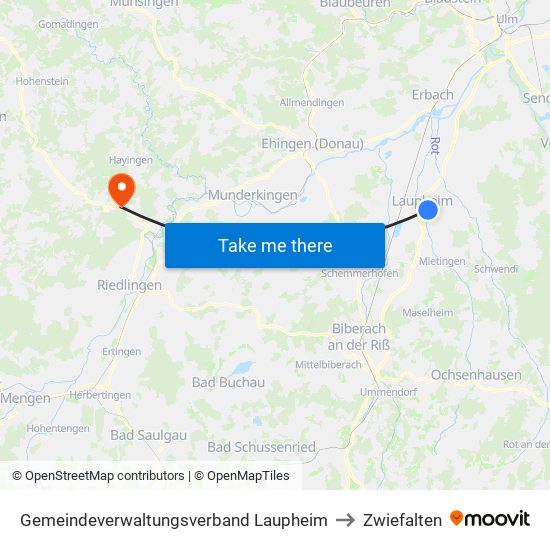 Gemeindeverwaltungsverband Laupheim to Zwiefalten map