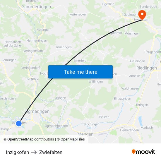 Inzigkofen to Zwiefalten map