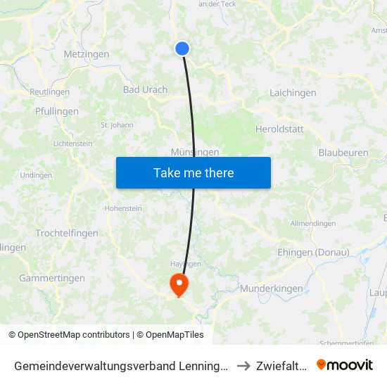 Gemeindeverwaltungsverband Lenningen to Zwiefalten map