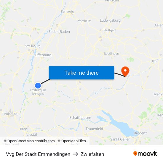 Vvg Der Stadt Emmendingen to Zwiefalten map