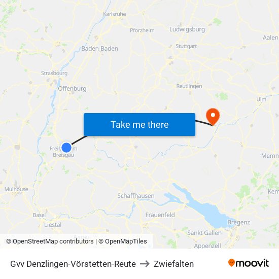 Gvv Denzlingen-Vörstetten-Reute to Zwiefalten map