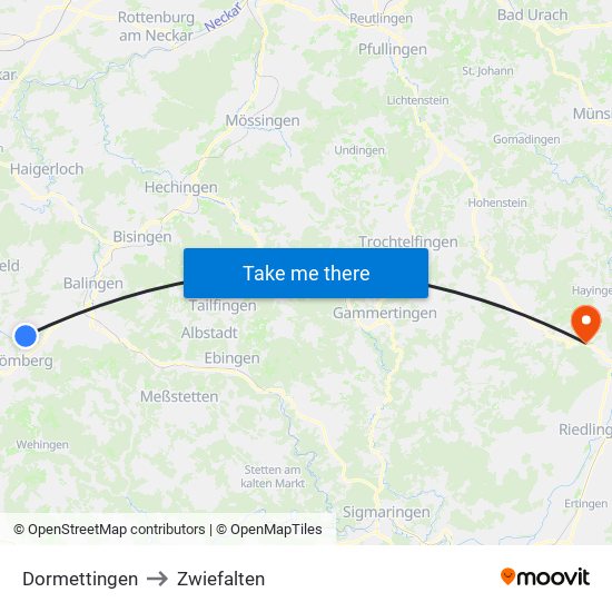 Dormettingen to Zwiefalten map