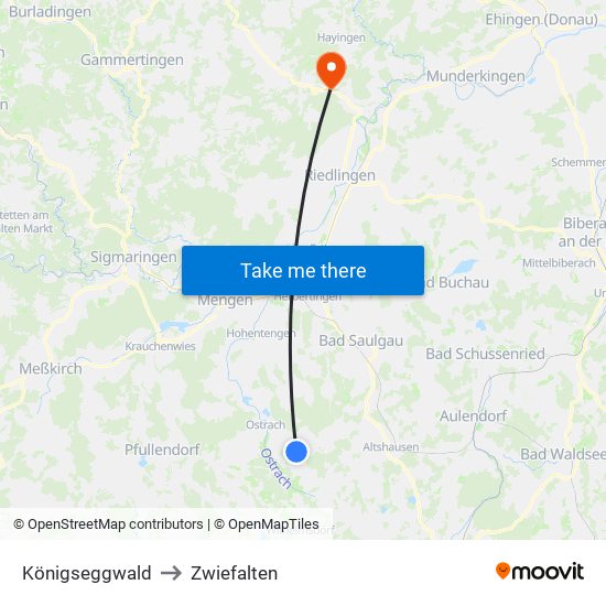 Königseggwald to Zwiefalten map