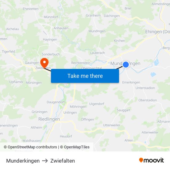 Munderkingen to Zwiefalten map