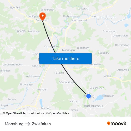 Moosburg to Zwiefalten map