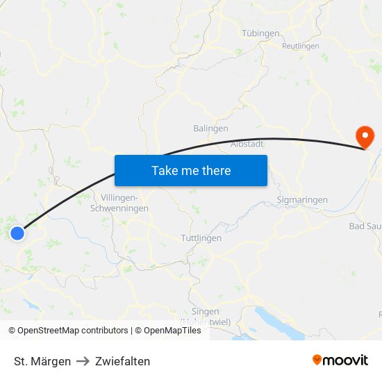 St. Märgen to Zwiefalten map