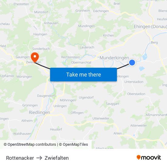 Rottenacker to Zwiefalten map