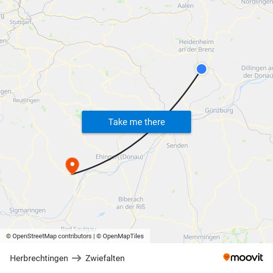 Herbrechtingen to Zwiefalten map