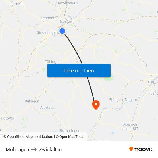 Möhringen to Zwiefalten map