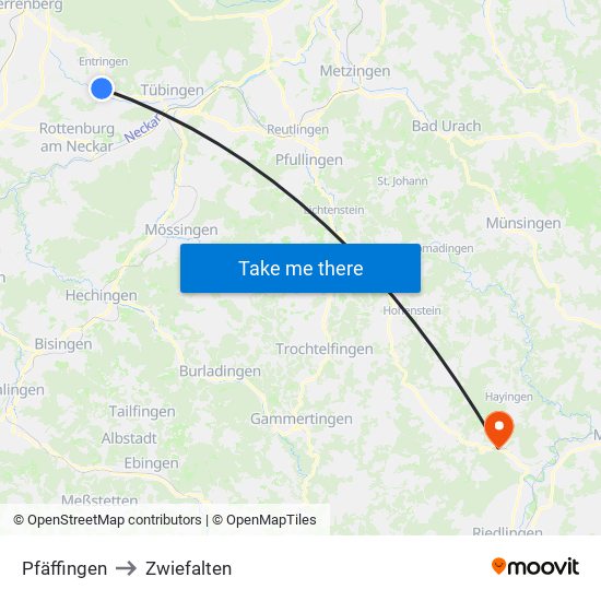 Pfäffingen to Zwiefalten map